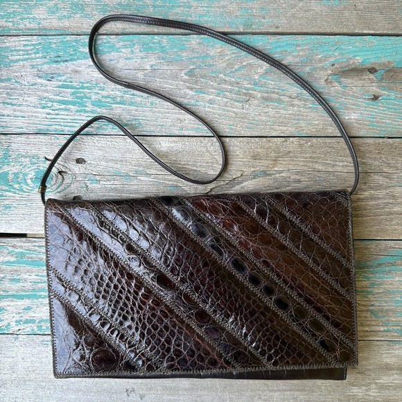 VTG Varon Crocodile Leather Shoulder Bag Purse Brown 11" x 6.75" Handmade Banded - Picture 1 of 15